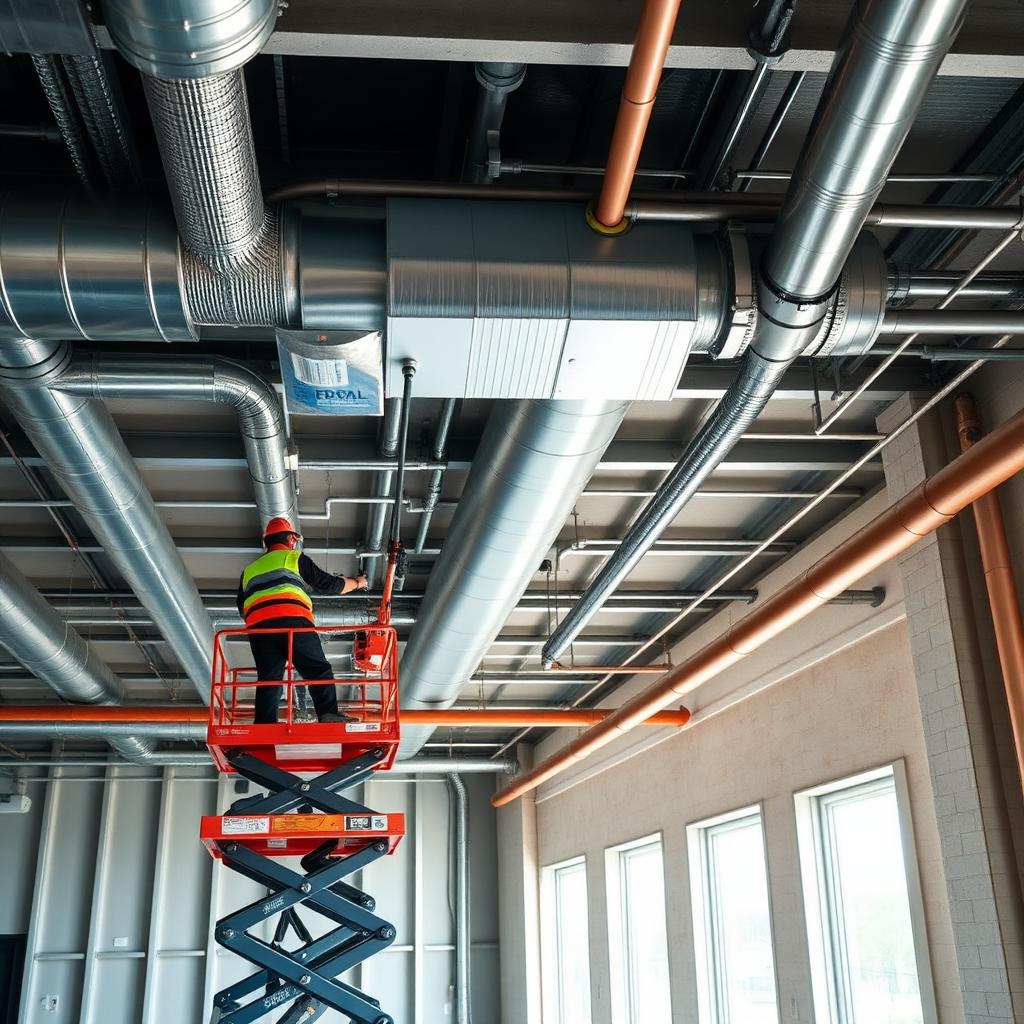 MEP rough-in with ductwork, conduit, and copper piping overhead